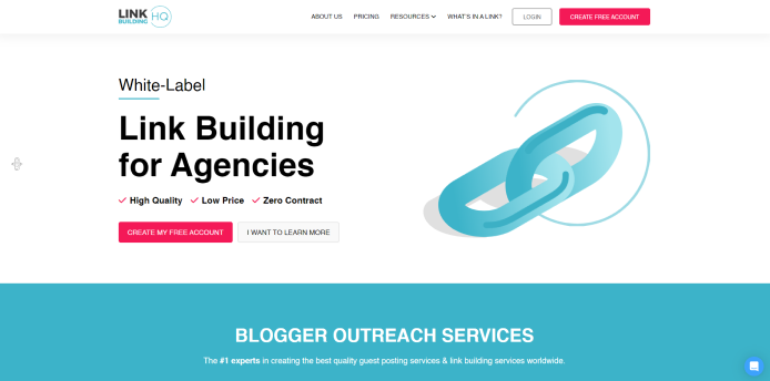 LinkBuildingHQ website homepage featuring blogger outreach services.