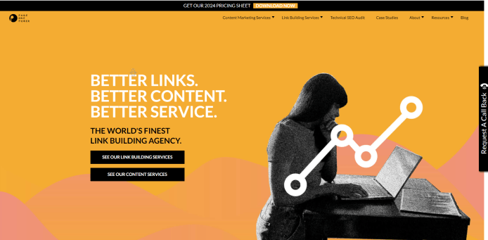 Page One Power website homepage featuring an outreach service.