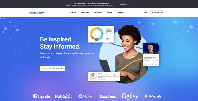 BuzzSumo website homepage showcasing a trial offer for a blogger outreach tool.