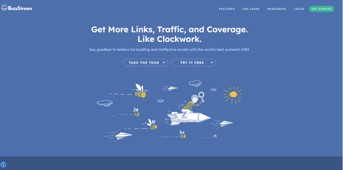 Buzzstream website homepage showcasing a trial offer for a blogger outreach tool.