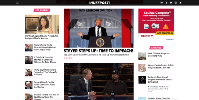 Screenshot of a popular news blog, HuffPost, featuring Donald Trump giving a speech.
