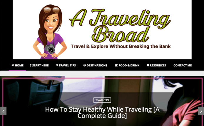 Screenshot of a popular niche expert blog, TravelingBroad, featuring a girl with a camera.