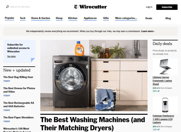 Screenshot of a popular review blog, The Wire Cutter, featuring a washing machine.