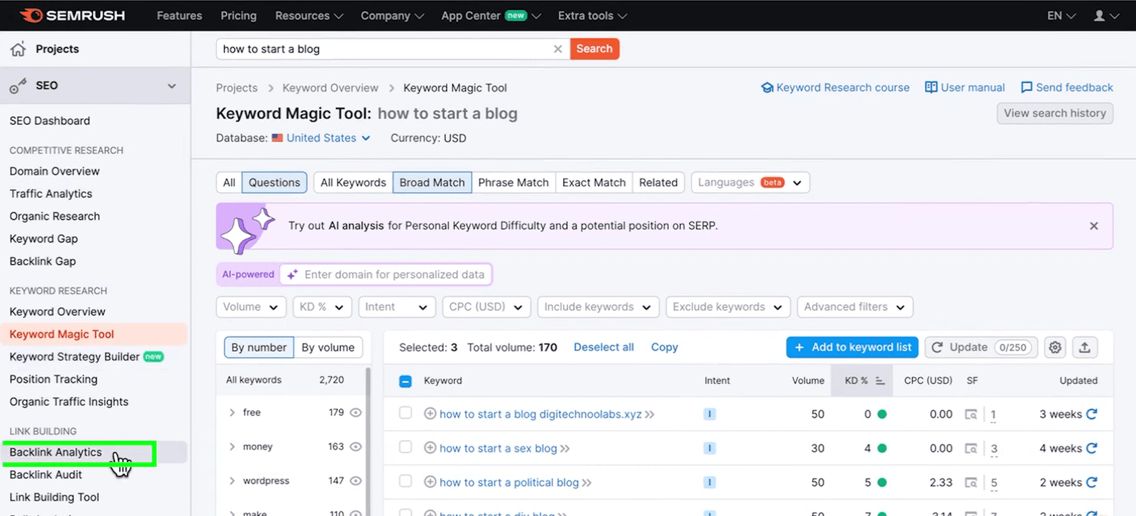 Backlink Analytics tool in Semrush, analyzing backlinks of the competitors.