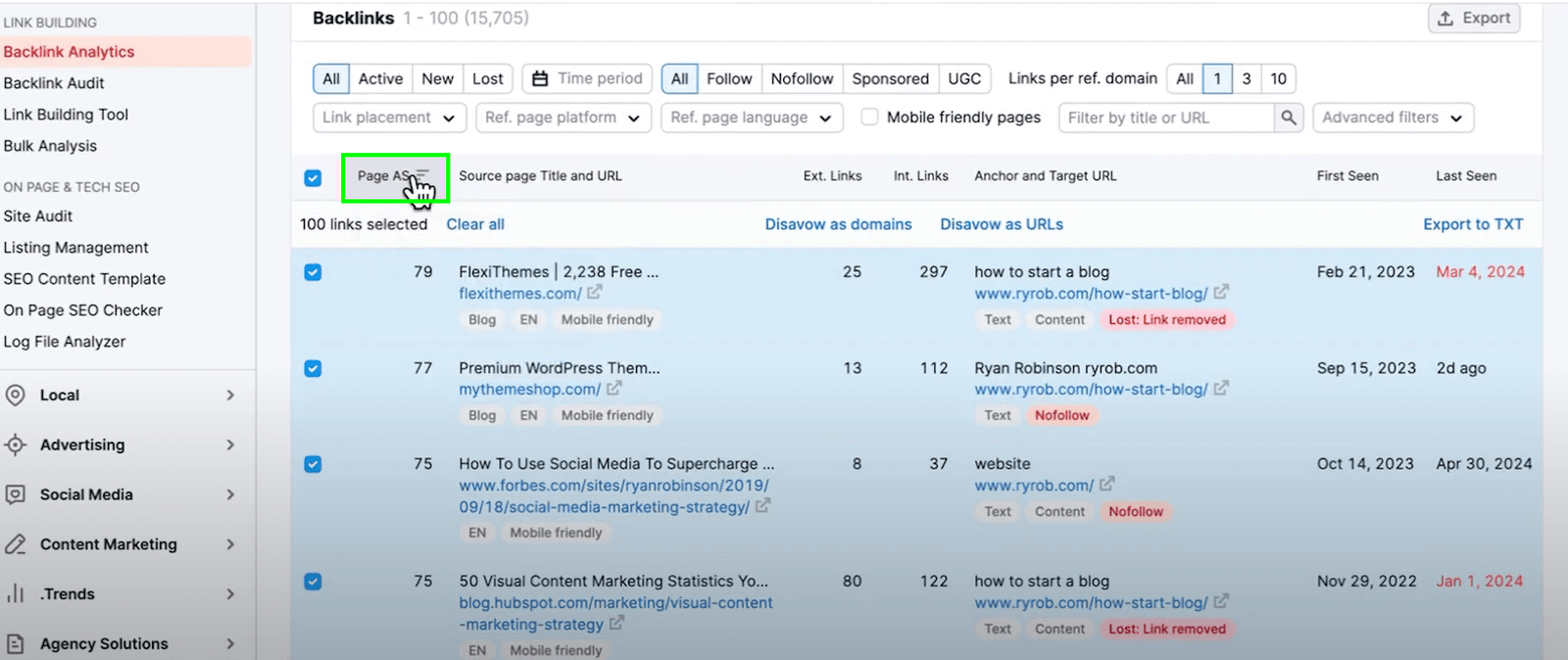 Backlinks filtered by Authority Score results page for prioritizing outreach strategy.