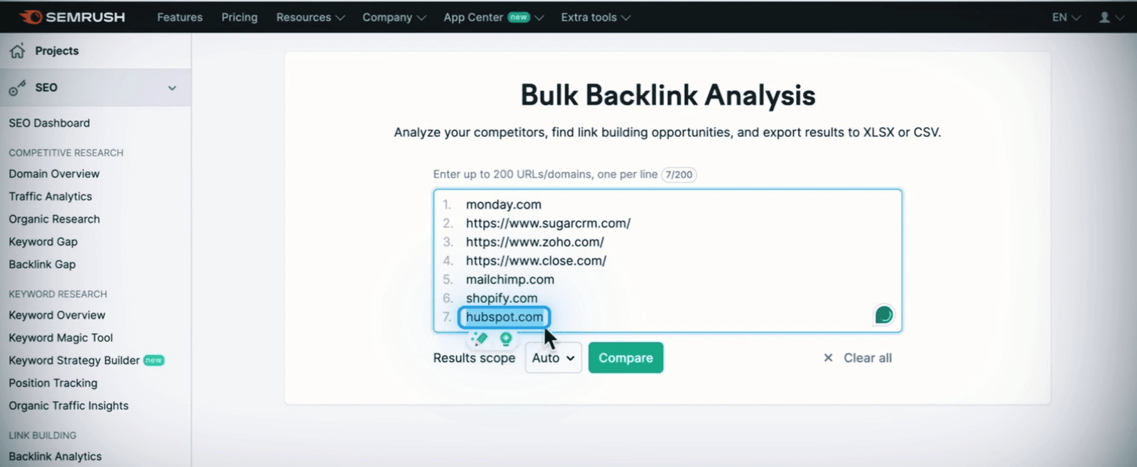 Bulk Backlinks Analysis tool in Semrush for finding website with less authority.