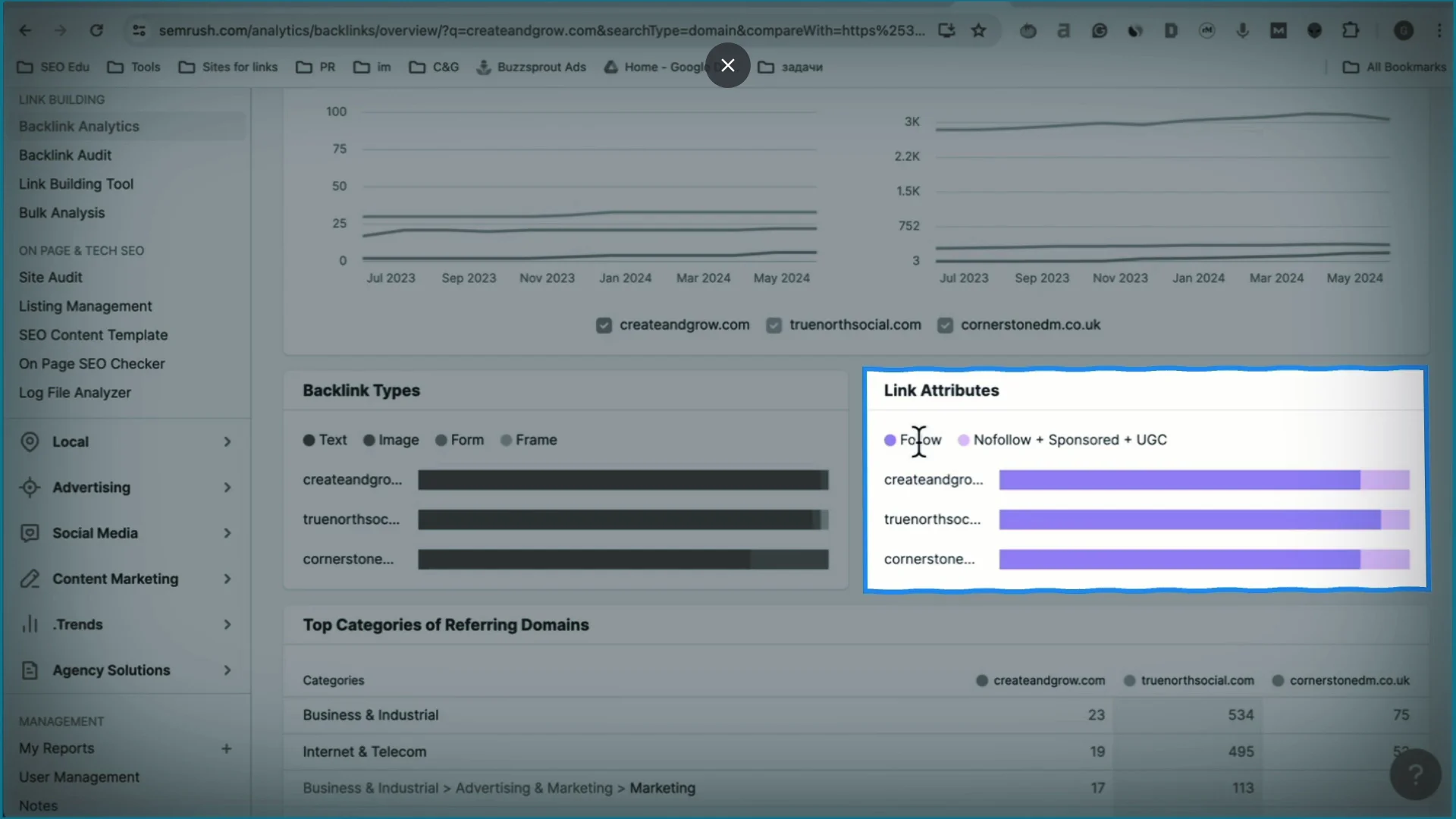 Link Attributes view in Semrush for backlinks audit.