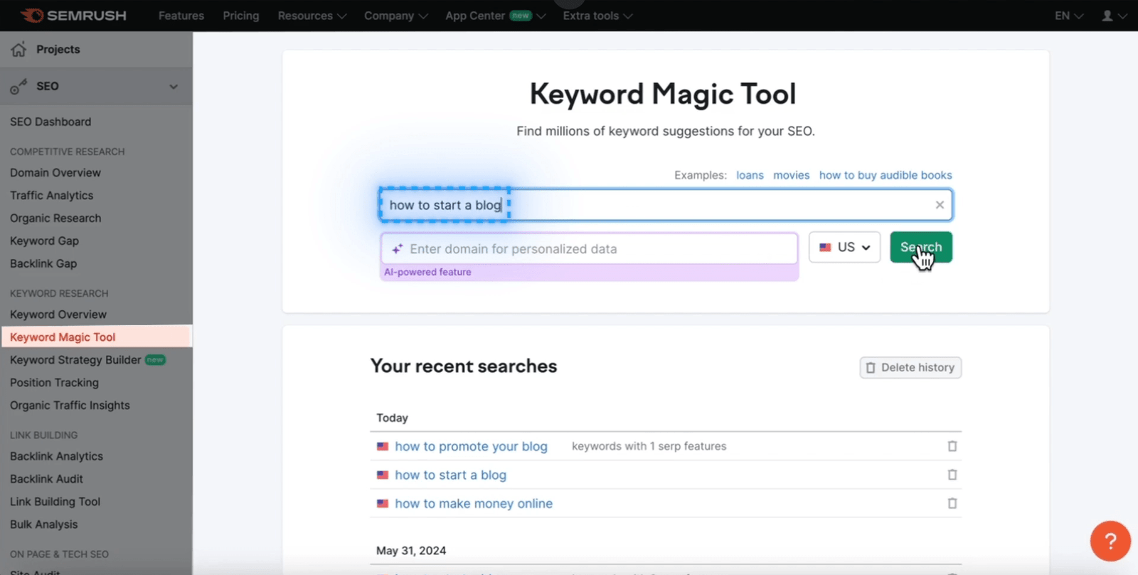 Conducting  Keyword Research in Semrush for creating an article brief. 