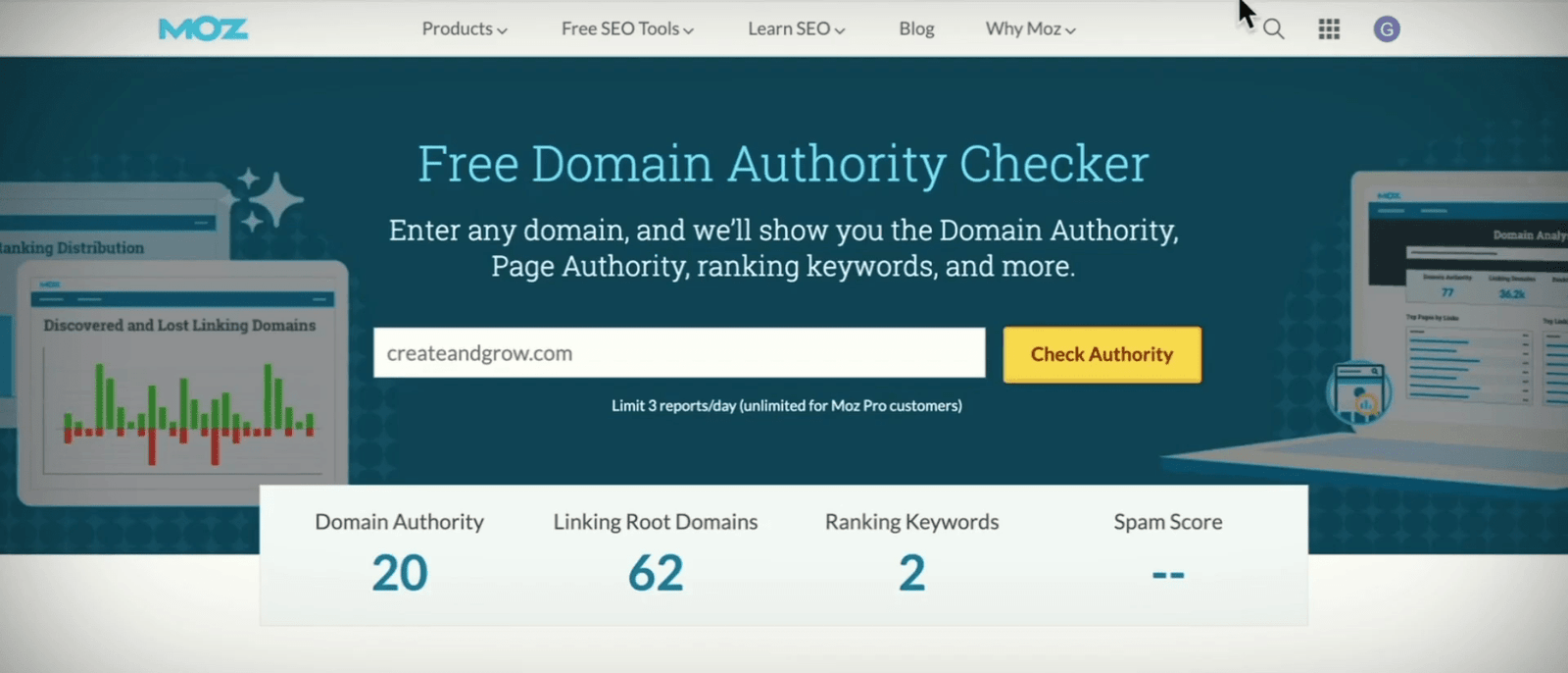 Moz homepage featuring Domain Authority Checker tool.