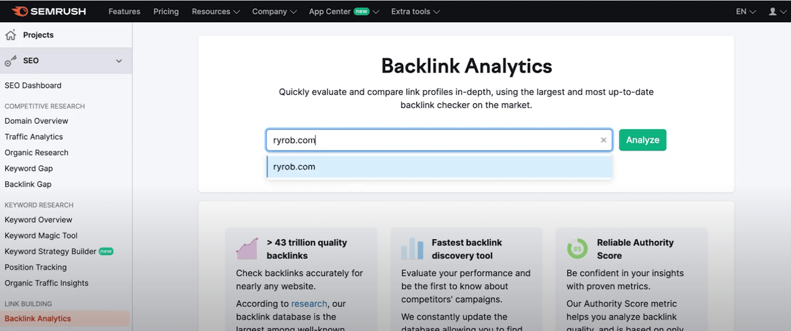 Backlinks Analytics tab in Semrush, analyzing domains and backlinks quality.