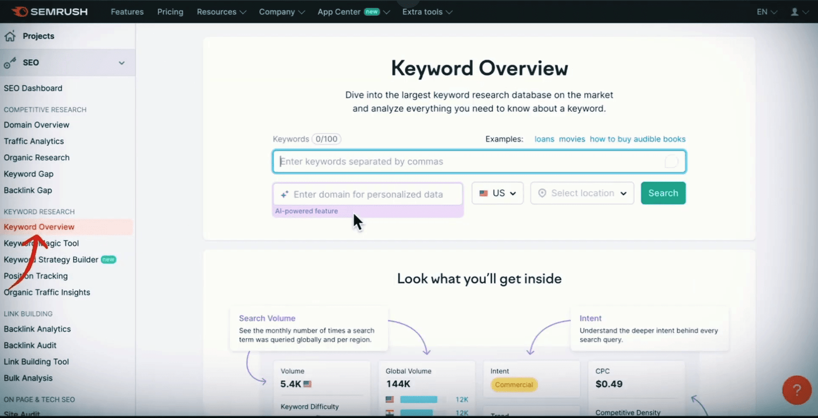 Keyword Overview tool in Semrush for analyzing keywords.