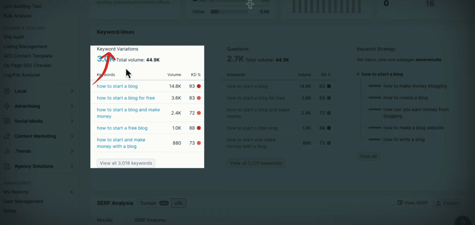 Keyword Variations view on Semrush for keyword analysis.