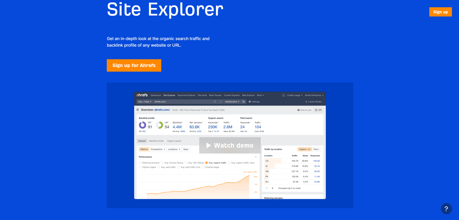 Ahrefs homepage featuring Site Explorer tool.