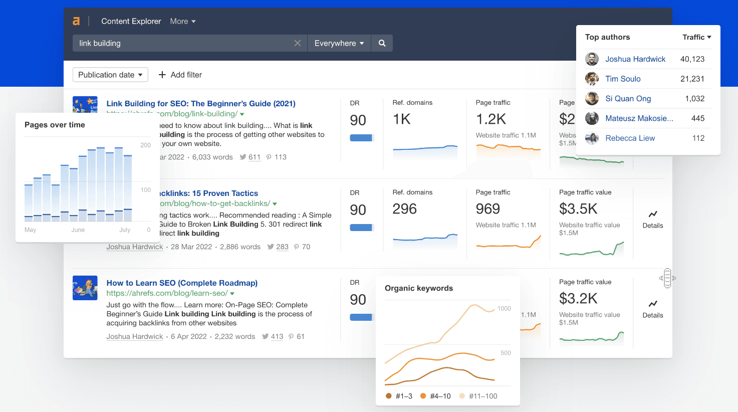 Ahrefs homepage featuring Content Explorer tool.