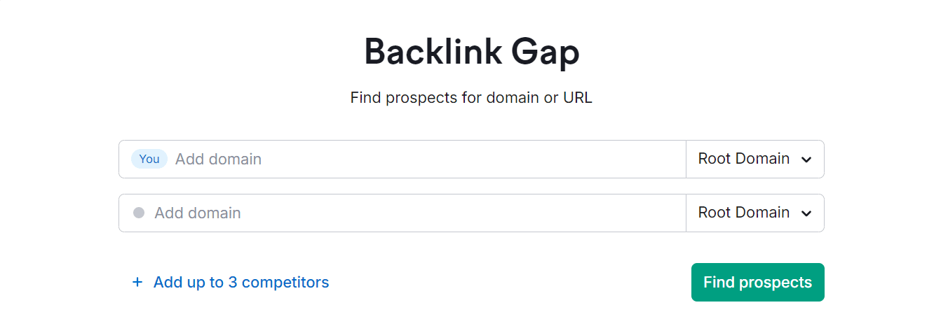 Semrush homepage featuring Backlink Gap tool.