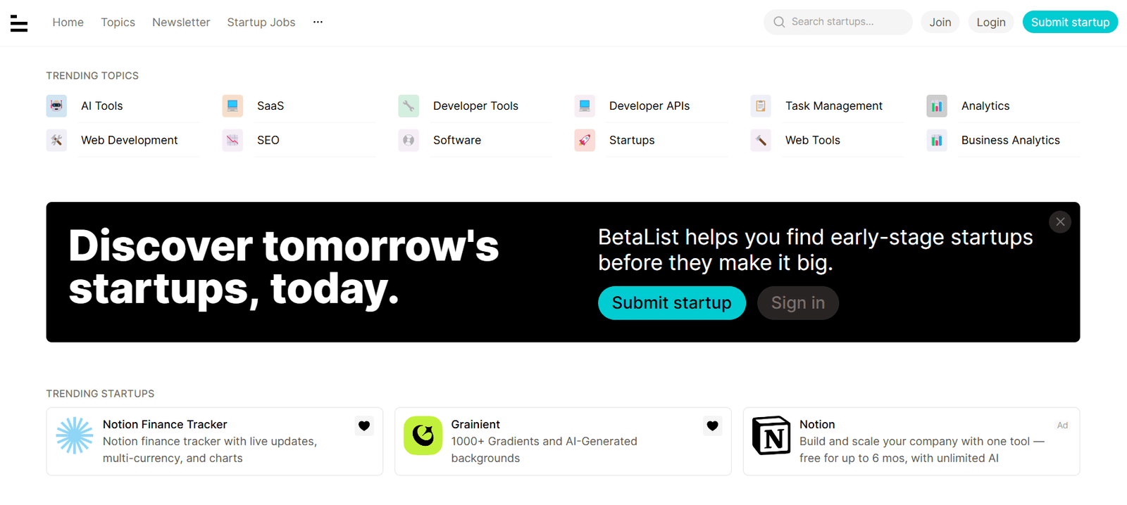 Betalist free resource homepage.