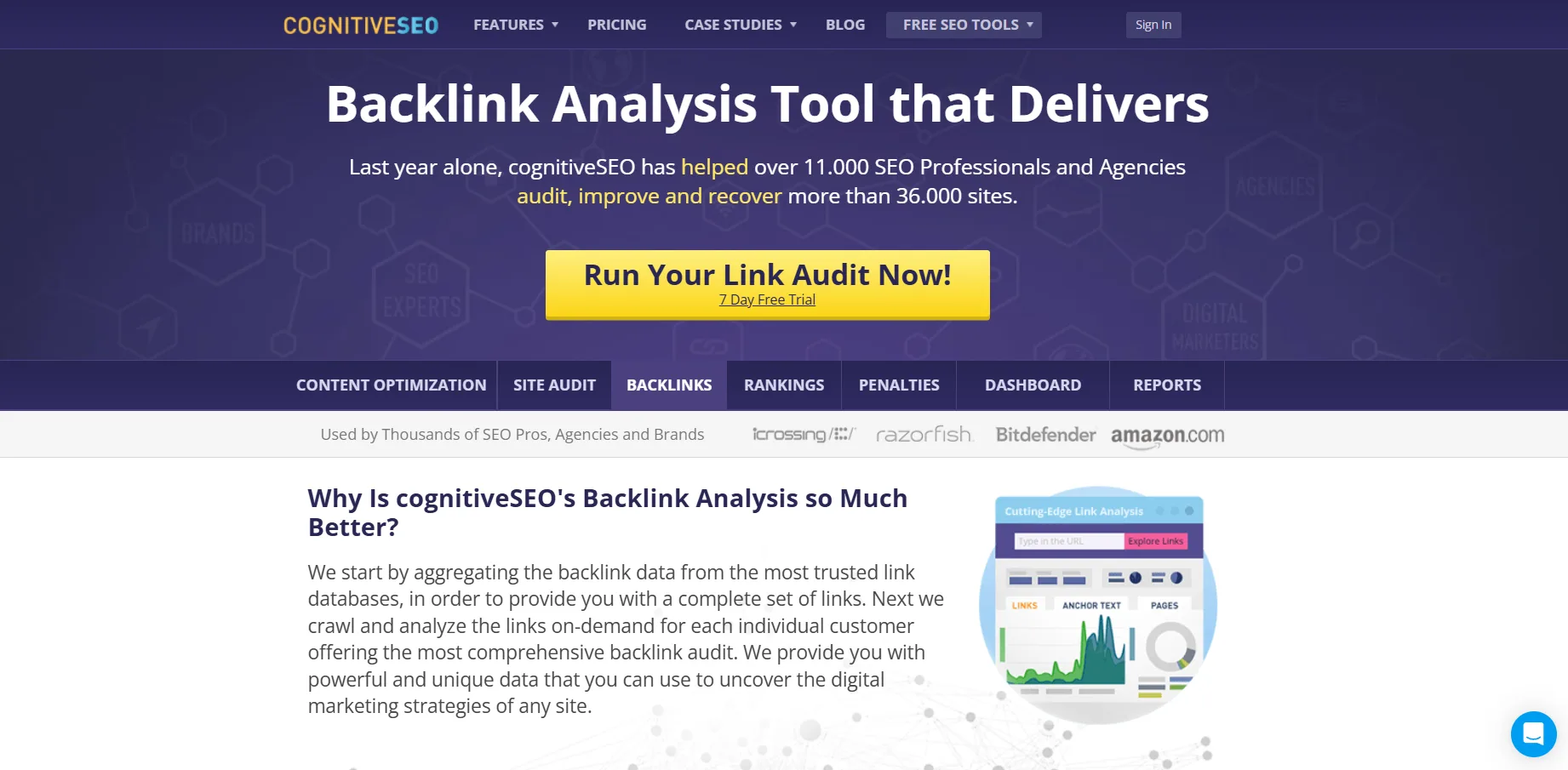 CognitiveSEO homepage featuring Backlink Checker tool.