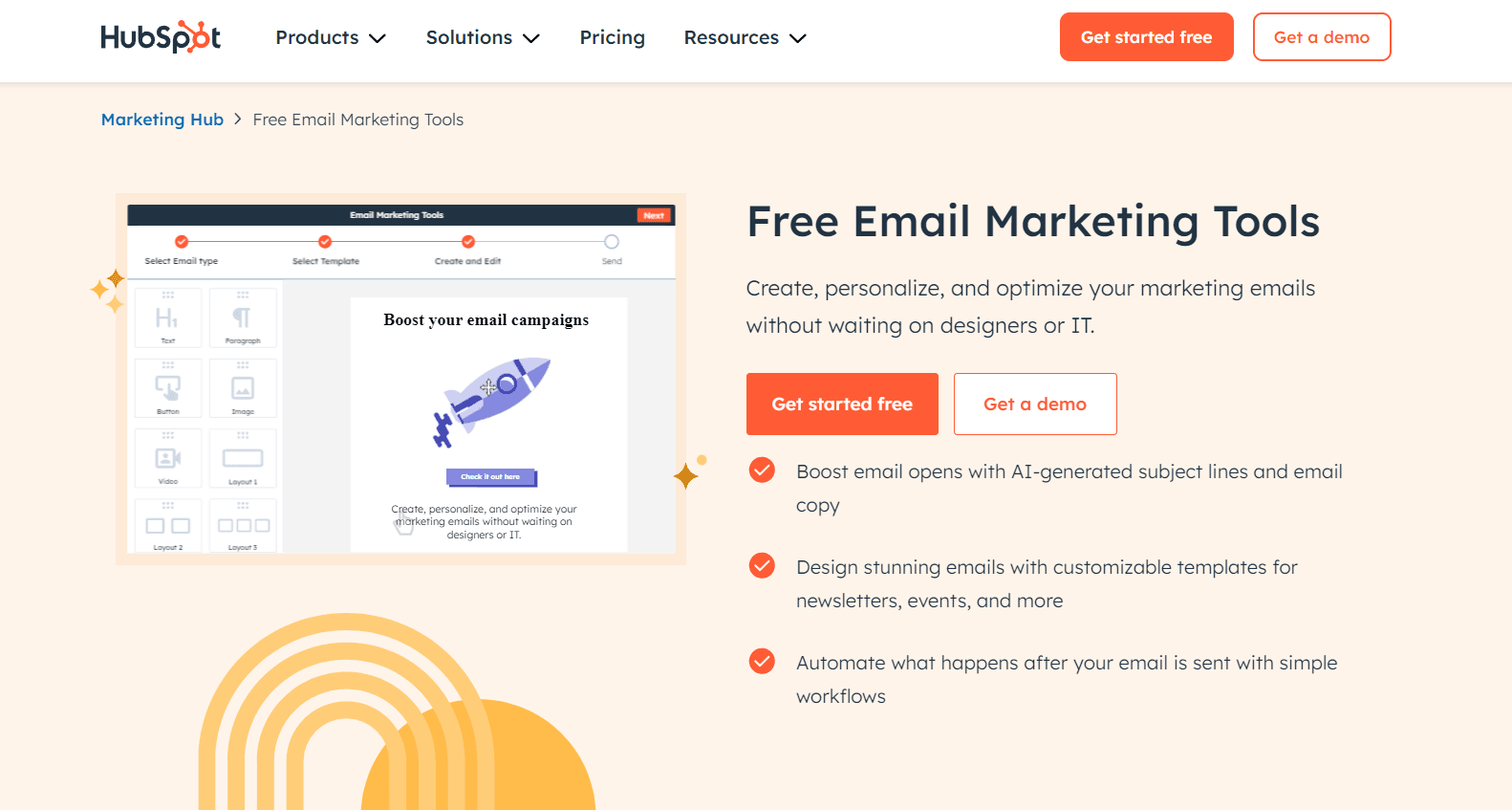 HubSpot Email Marketing homepage featuring outreach tool.