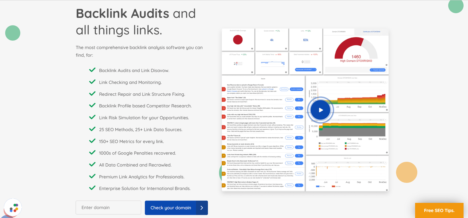 LinkResearchTools homepage featuring Backlink Checker tool.