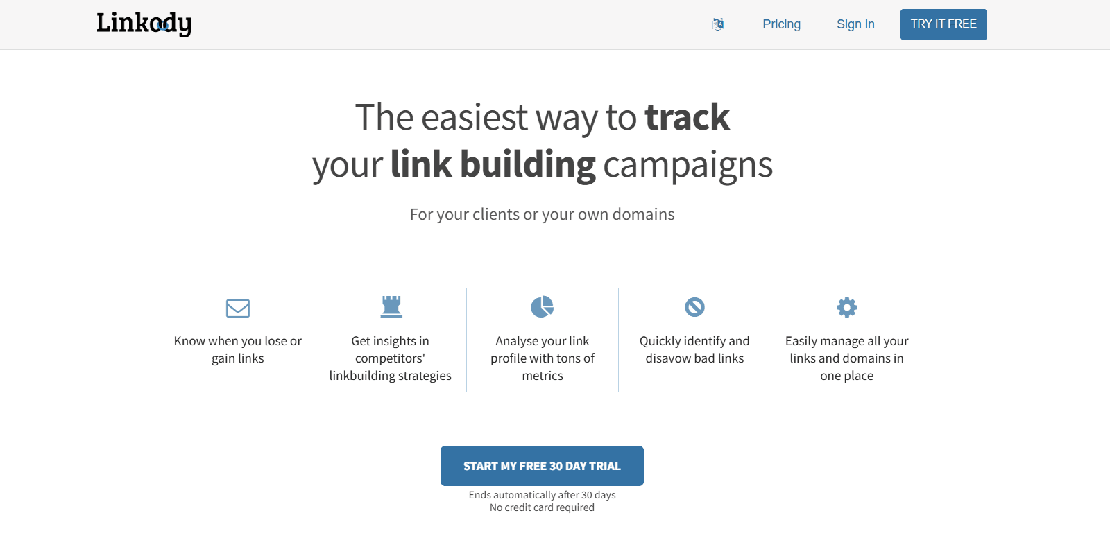 Linkody homepage featuring Backlink Checker Tool.