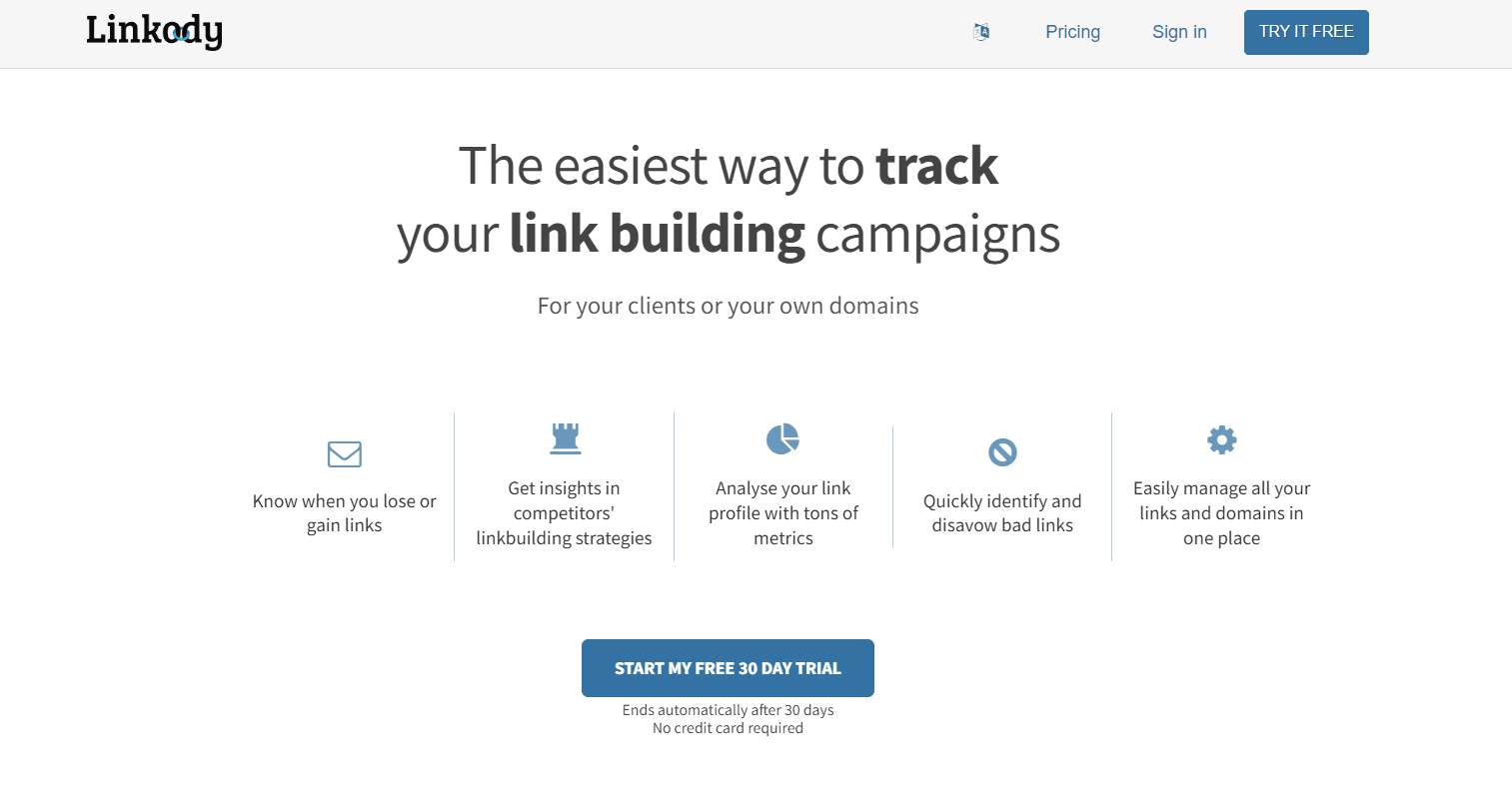 Linkody homepage featuring outreach tool.