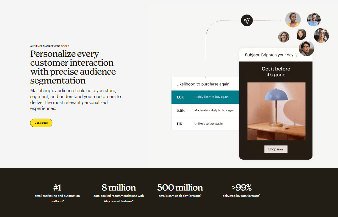 Mailchimp homepage featuring outreach tool.