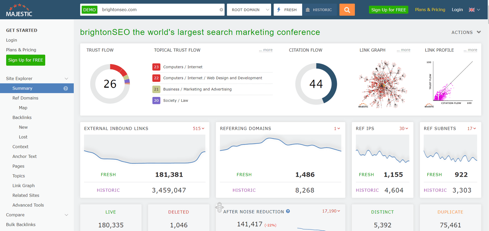 Majestic homepage featuring tool for backlink analysis.