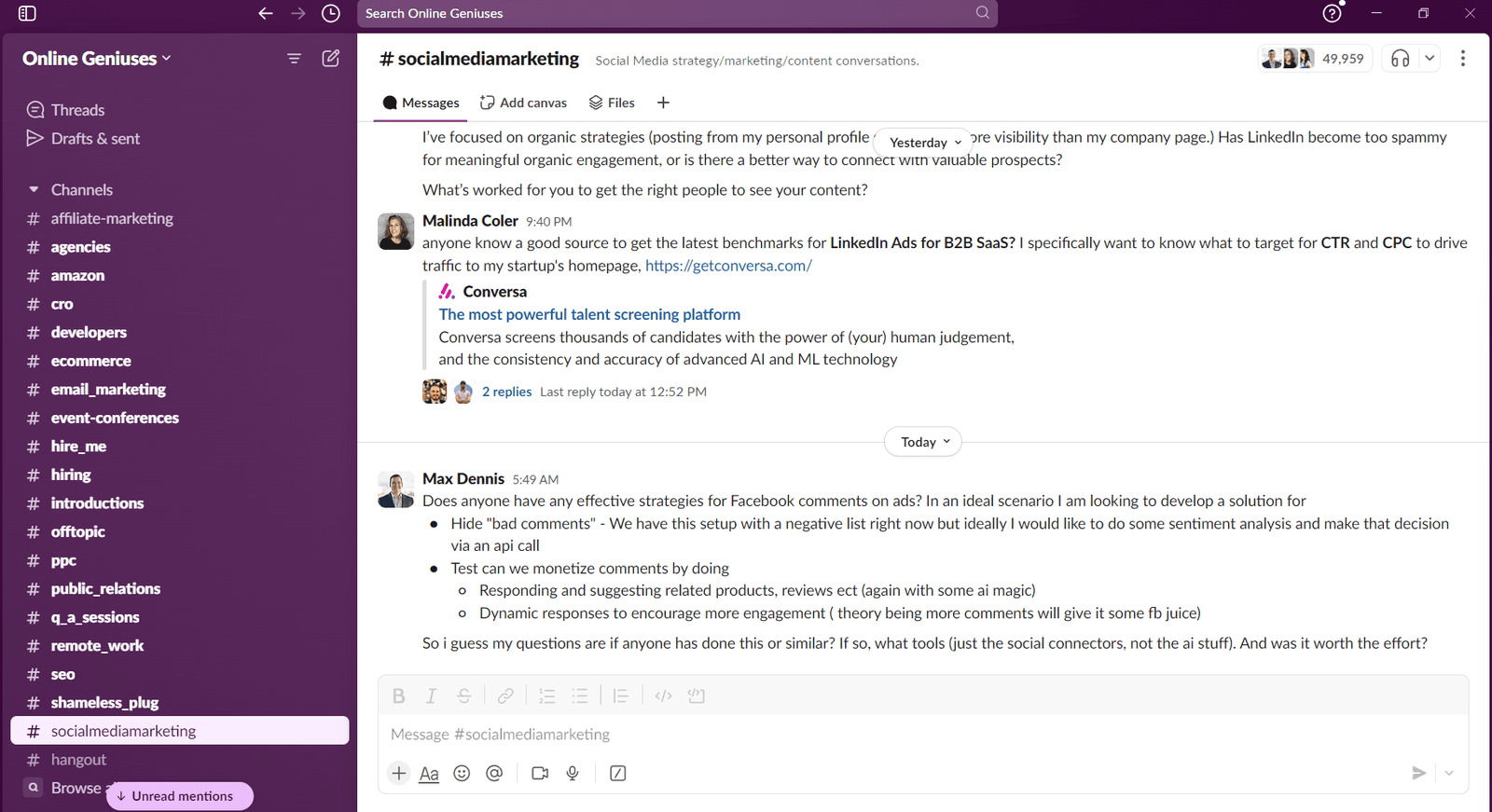 Online Geniuses slack community page.