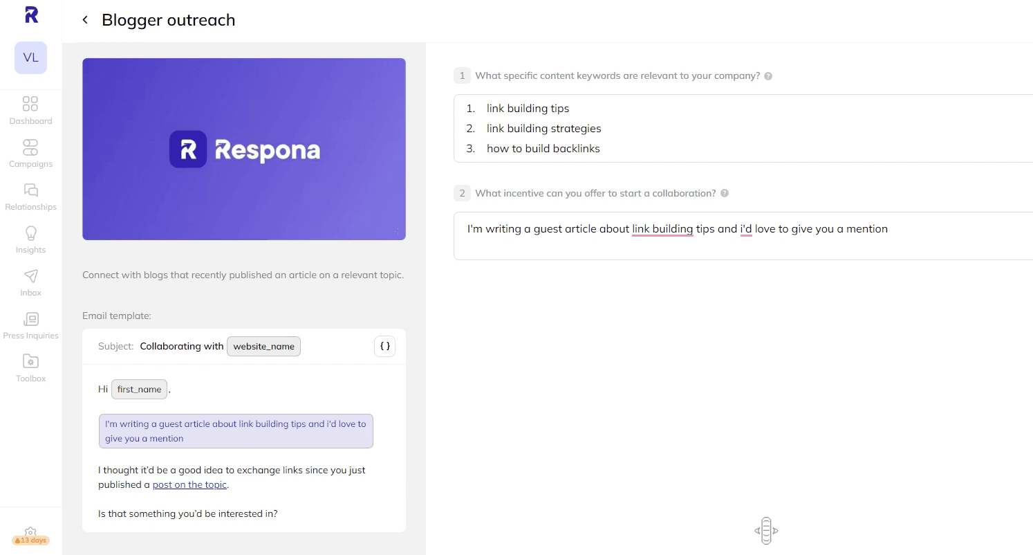 Respona homepage featuring tool for outreach.