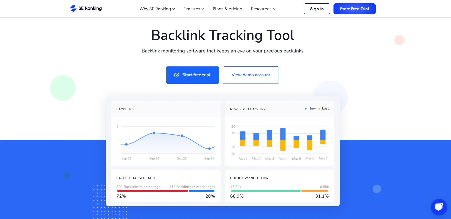 SE Ranking homepage featuring Backlink Checker tool.