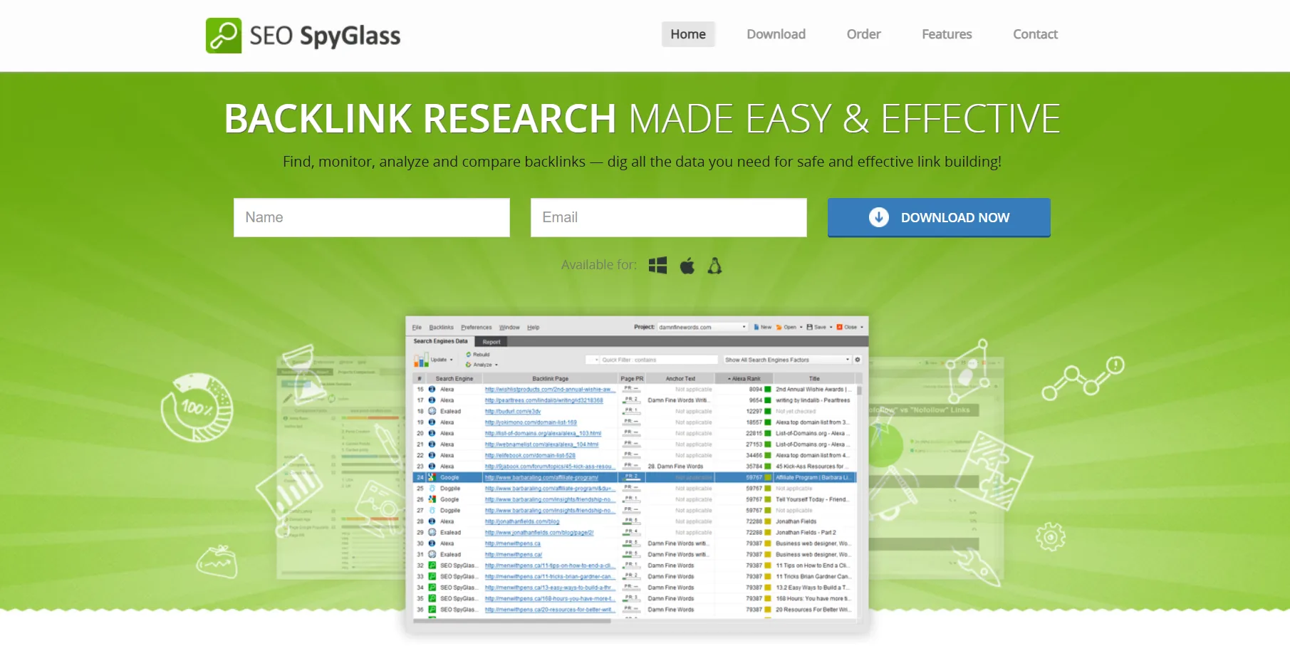 SEO SpyGlass homepage featuring Backlink Checker tool.