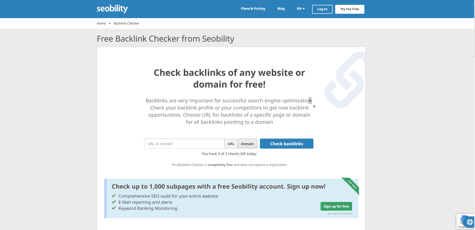 Seobility homepage featuring Backlink Checker Tool.