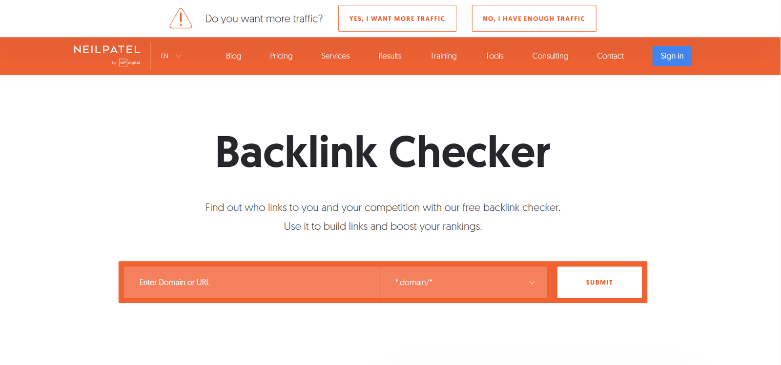 Ubersuggest homepage featuring Backlink Checker tool.