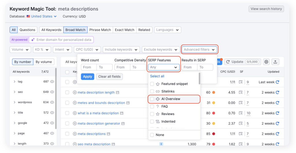 Semrush interface