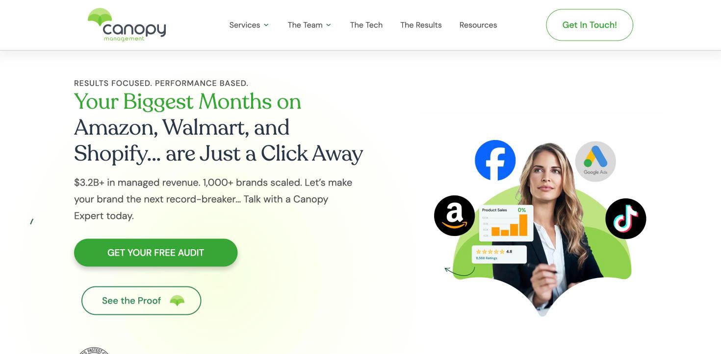 Canopy Management homepage: $3.2B+ in managed revenue, 1,000+ brands scaled