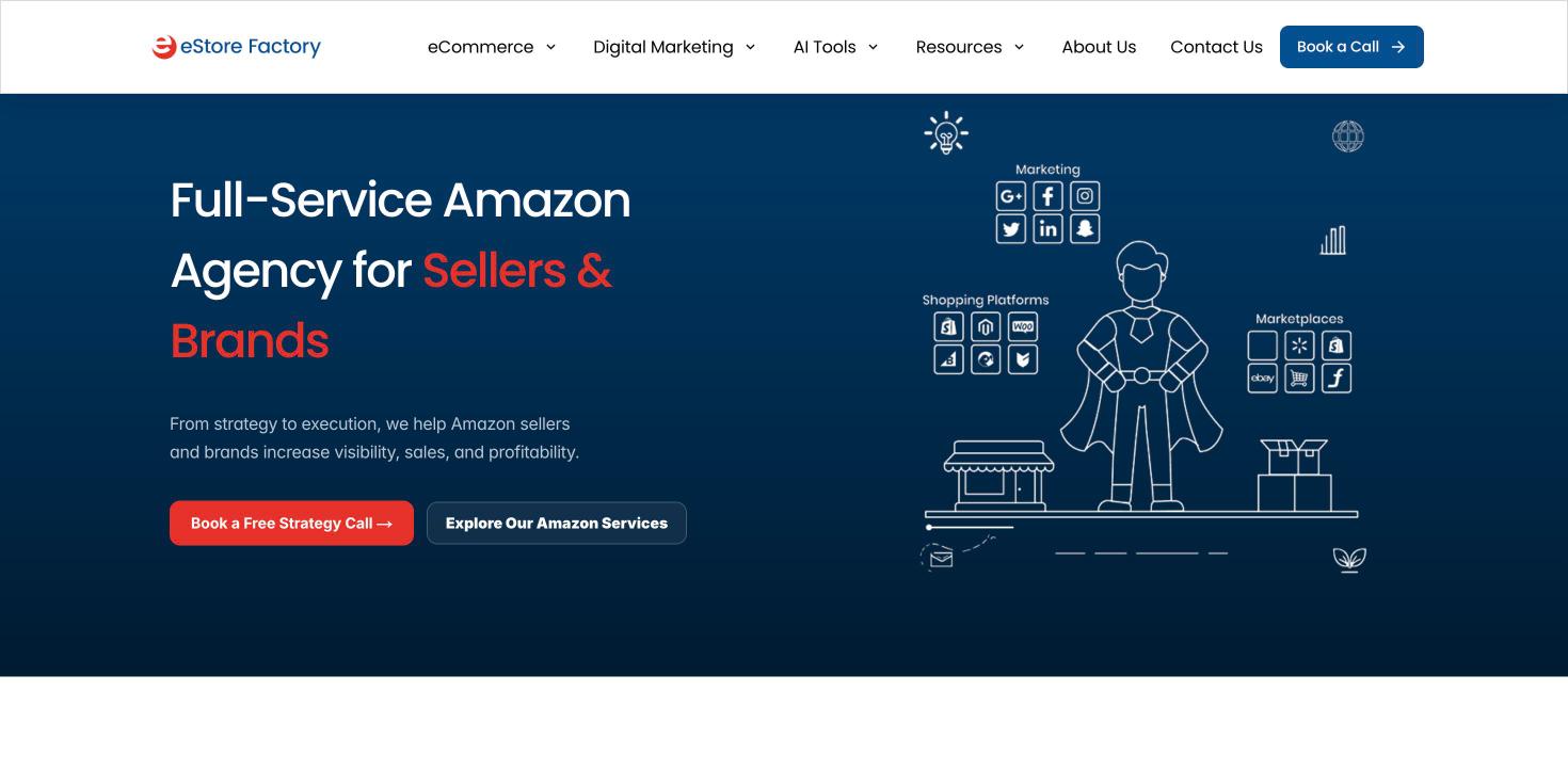 eStore Factory homepage: Full-service Amazon agency for sellers and brands