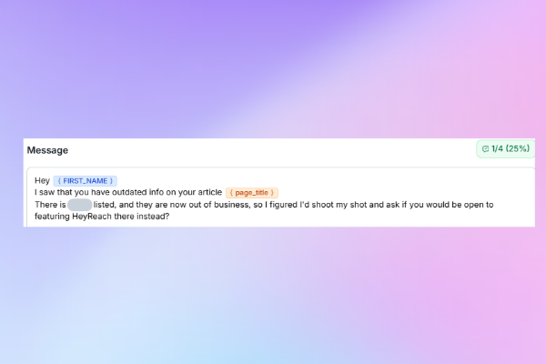 LinkedIn outreach message asking an editor to replace an out-of-business tool in their article